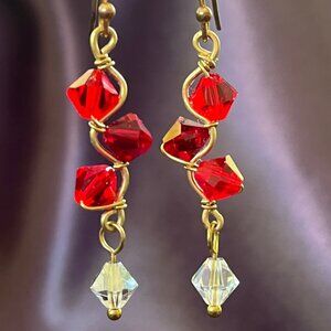Swarovski Crystal Siam Red, Ruby Red, & Crystal AB, Wire Wrap Dangle Earrings